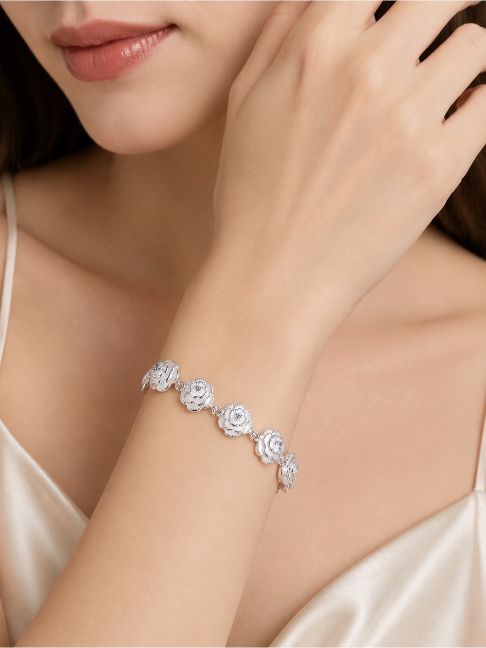 925 Sterling Silver Rose Flower Link Bracelet Adjustable